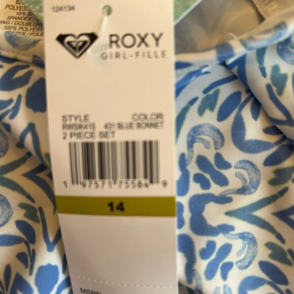 Roxy 2-pc. Fresco Tile Crop Rash Guard Set, Blue bonneT, Size 14, NWT - Picture 9 of 10